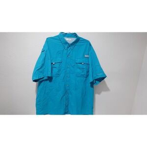 Columbia Mens PFG Button Front Short Sleeve Blue Tactel Nylon Logo Shirt XXL